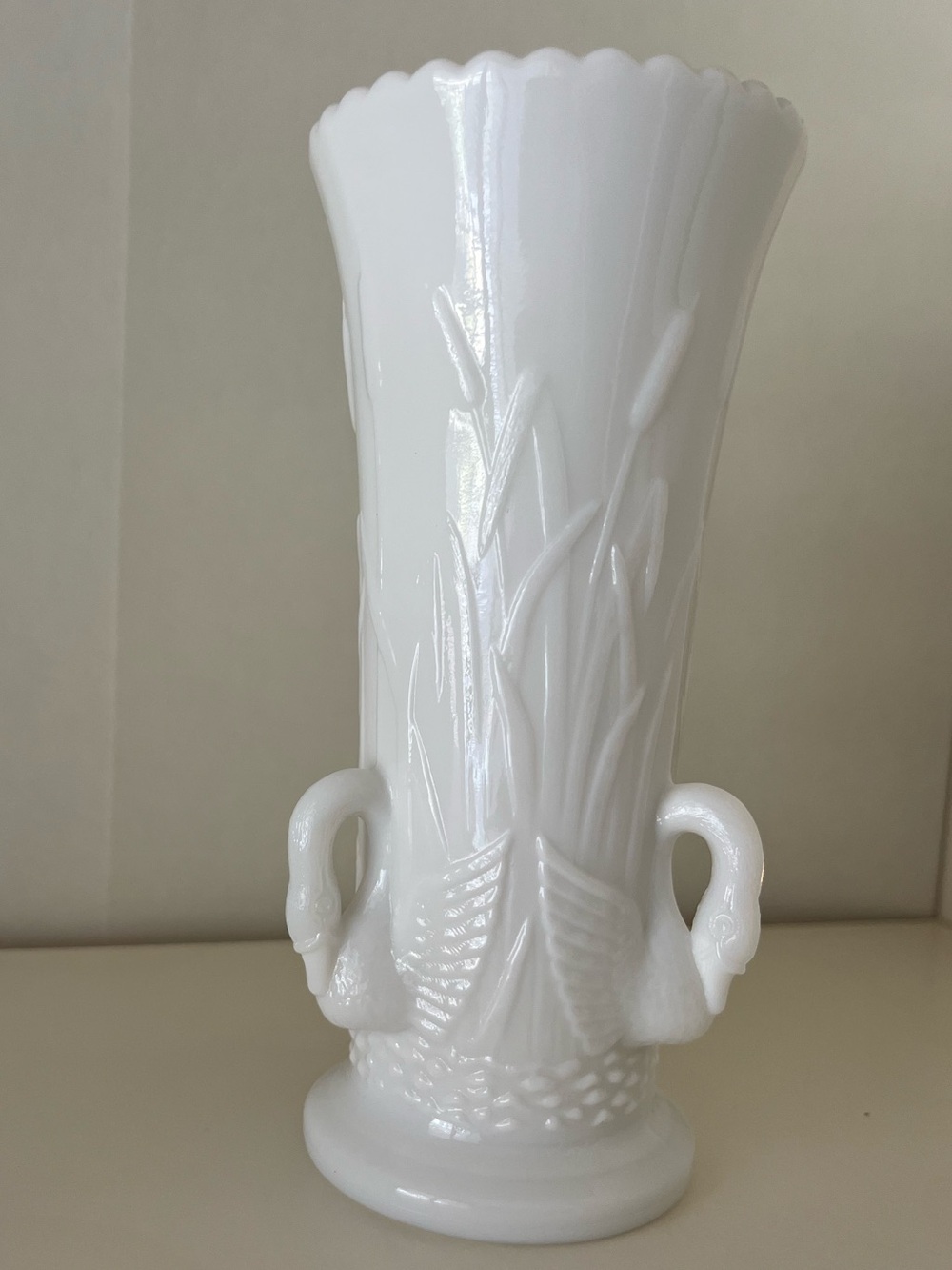 Vintage Westmoreland white milk glass vase with swan and cattail design.